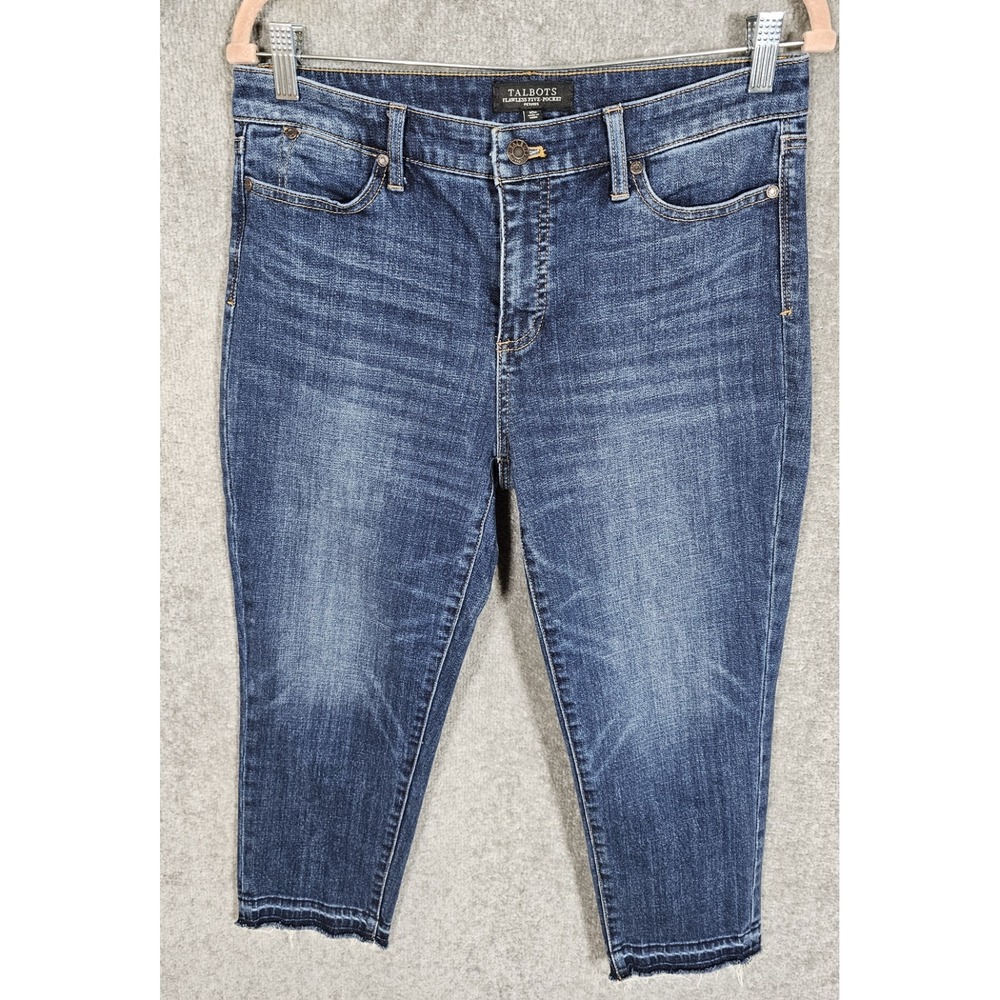 Talbots Flawless Five Pocket Ankle Crop Jeans Womens Sz 10P Blue Raw Hem Stretch